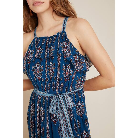 New Anthropologie Sasha Ruffled Tiered Maxi Dress $198 SMALL Blue Boho - Picture 2 of 5